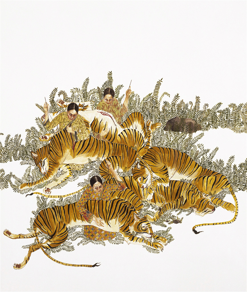 Three women mending a group of tigers with needles and thread