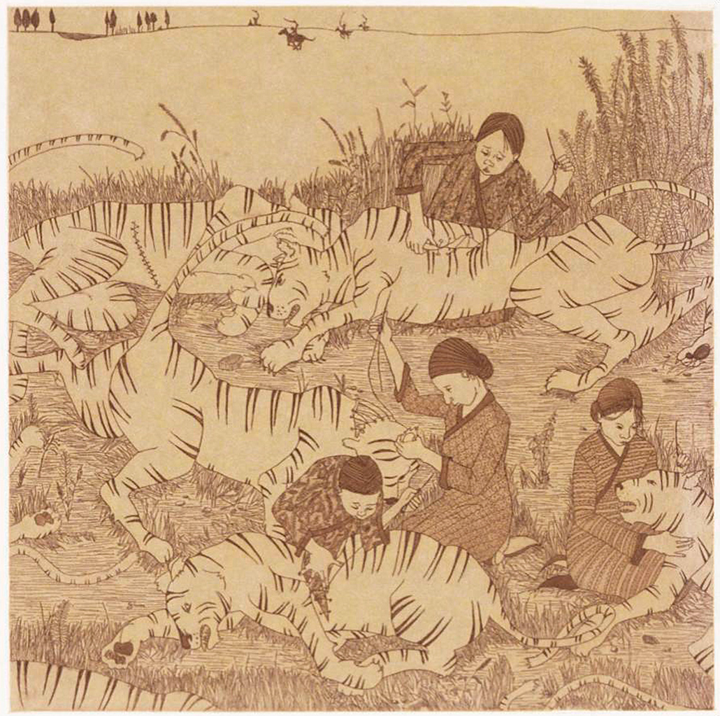 Women stitching up tigers with needles and thread