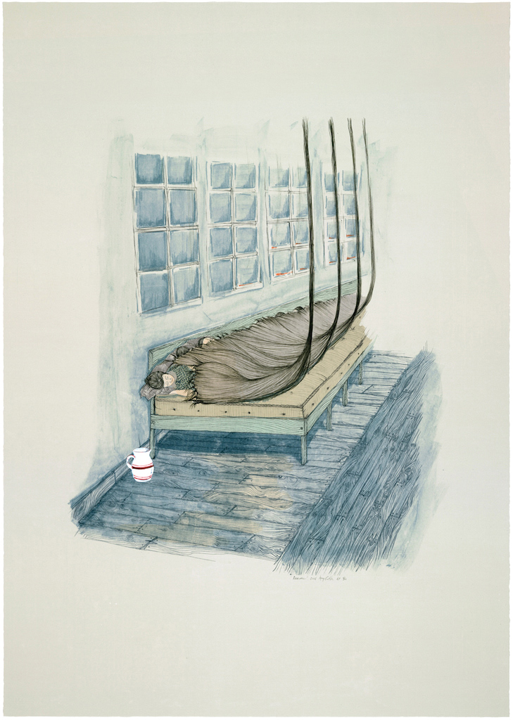 Women covered with hair lying on beds