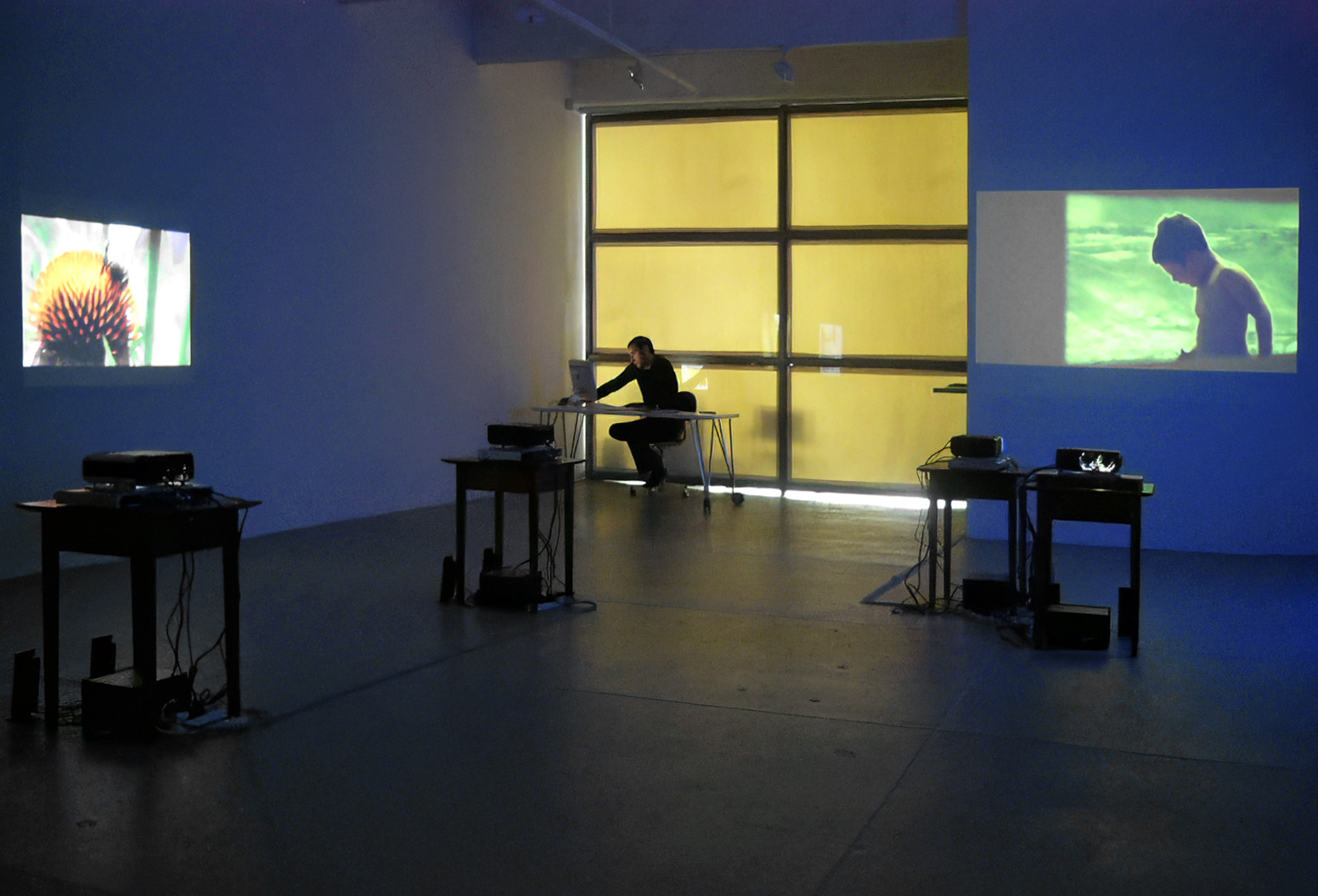installation view of Peter Campus's show in 2022 with two video projections
